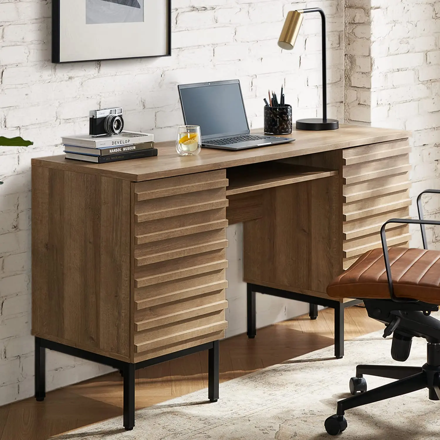Modern Industrial Executive Desk with Sturdy Metal Legs & Fluted Panel Dual Cabinet for Home Office, Customized