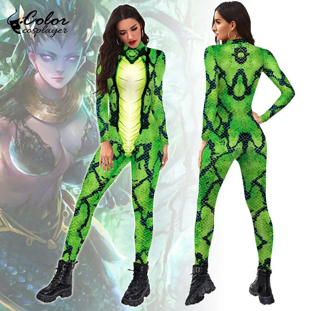 Kolor Cosplayer Green Snake Jumpsuit Halloween Cosplay Costume Adult Unisex Bodysuit 3D Print Long Sleeve Purim Carnival