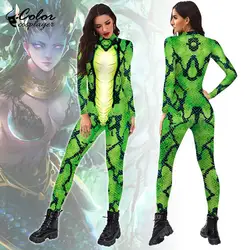 Kolor Cosplayer Green Snake Jumpsuit Halloween Cosplay Costume Adult Unisex Bodysuit 3D Print Long Sleeve Purim Carnival