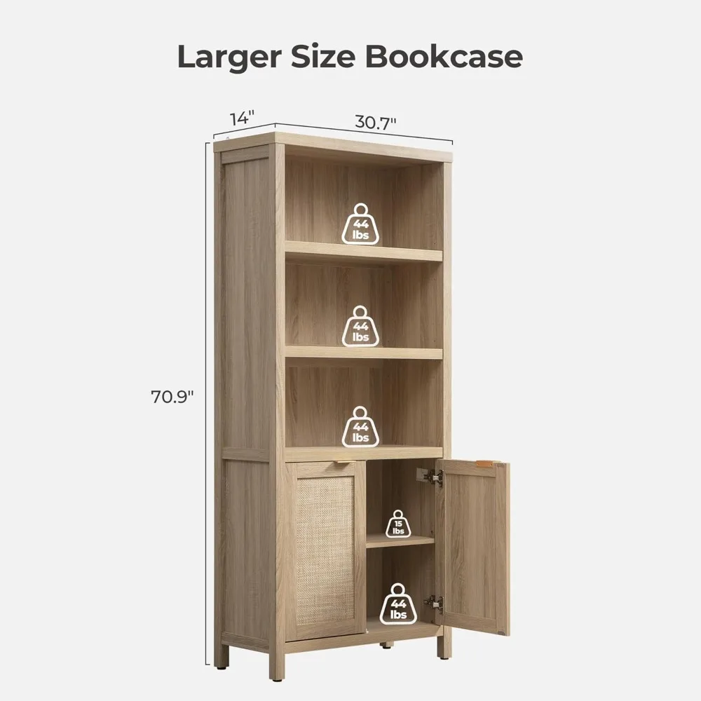 Bookcase 71" Tall Bookshelf 5 Tier Rattan Boho Bookcase with Doors Storage Large Book Case Shelf Farmhouse Bookshelves Shelves