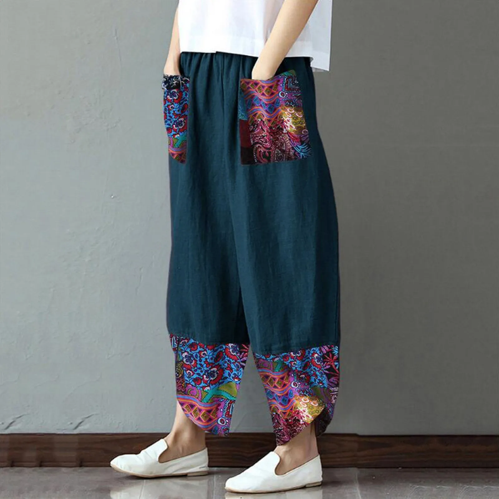 Casual Women Trousers Full Length Summer Elegant Elastic Waist Pants Bottoms Harem Pants for Daily Wear Wide Loose Print Pants