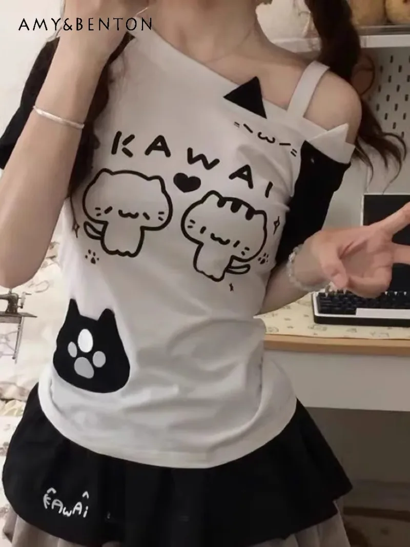 

Summer Cute Cat Print Ear Design Slanted Shoulder Waist Solid Color Top Women