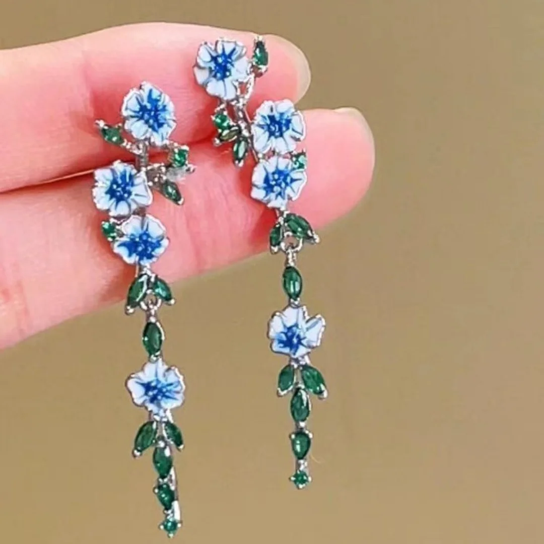 Vintage Enamel Flower Dangle Earrings Women Temperament Blue Trumpet Flower Long Earrings Wedding Party Aesthetic Jewelry Gifts
