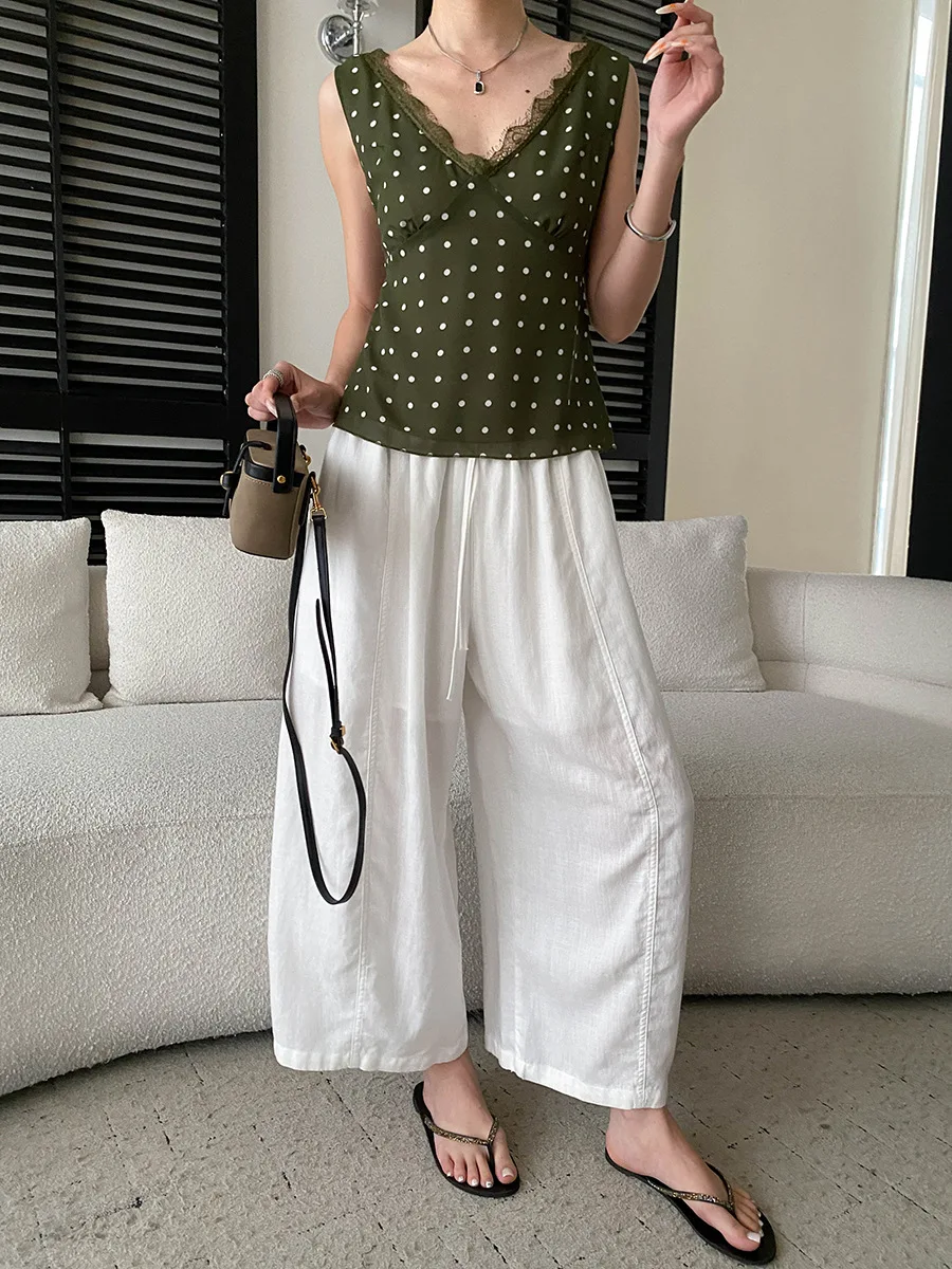 Sommerliche High-Waist-Hose mit weitem Bein für Damen, lässige, einfarbige, locker sitzende Hose – Detail 30