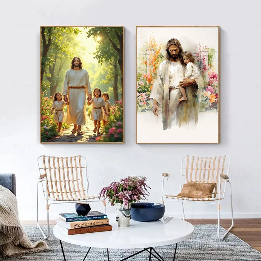 Jesus Children Faith Wall Art Canvas Poster Religious Abstract Painting Christian Spring Summer Scenery Picture Print Room Decor