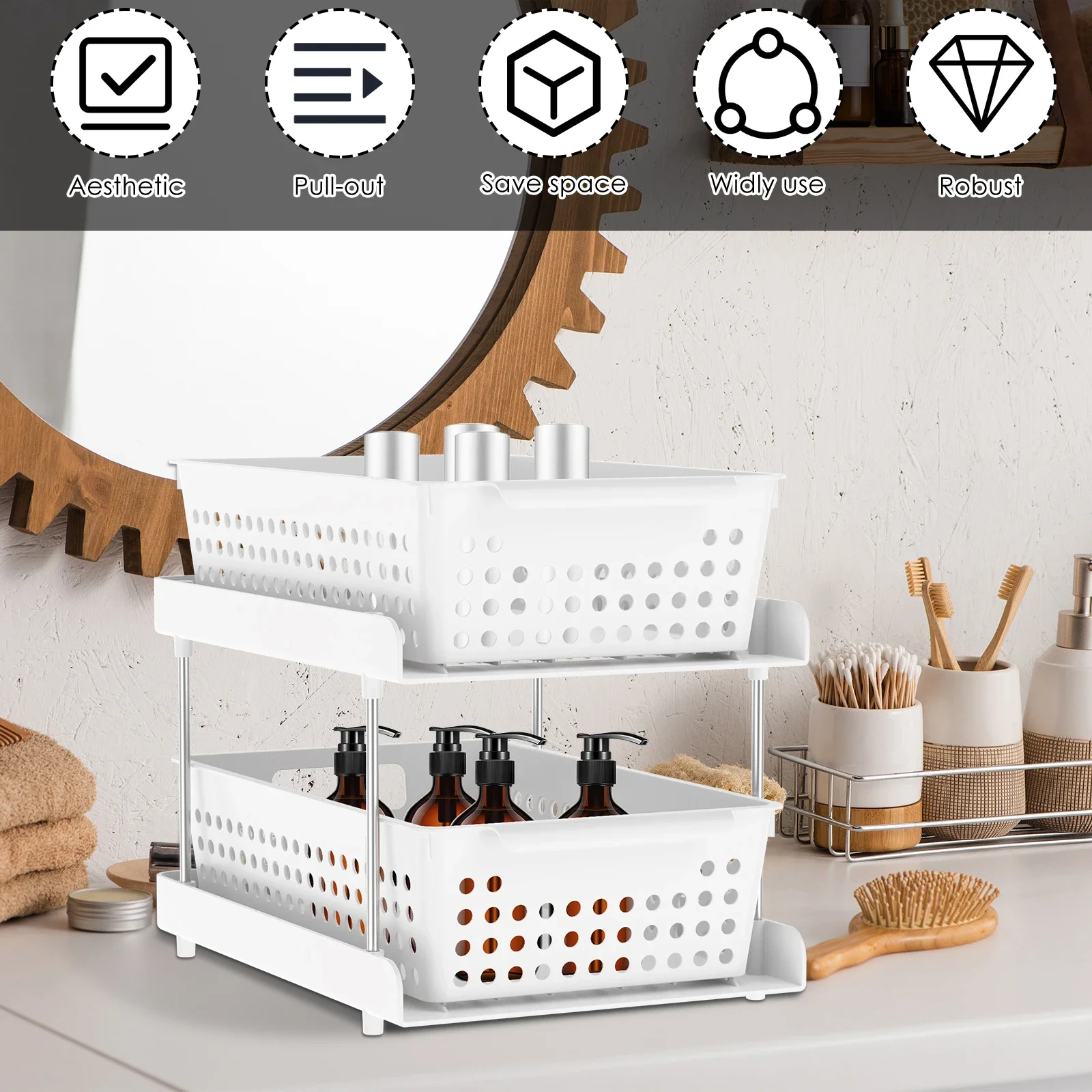 

2-х ярусный органайзер под раковиной, универсальный выдвижной органайзер для шкафа, экономия места, твердые полки для хранения раковины для ванной комнаты