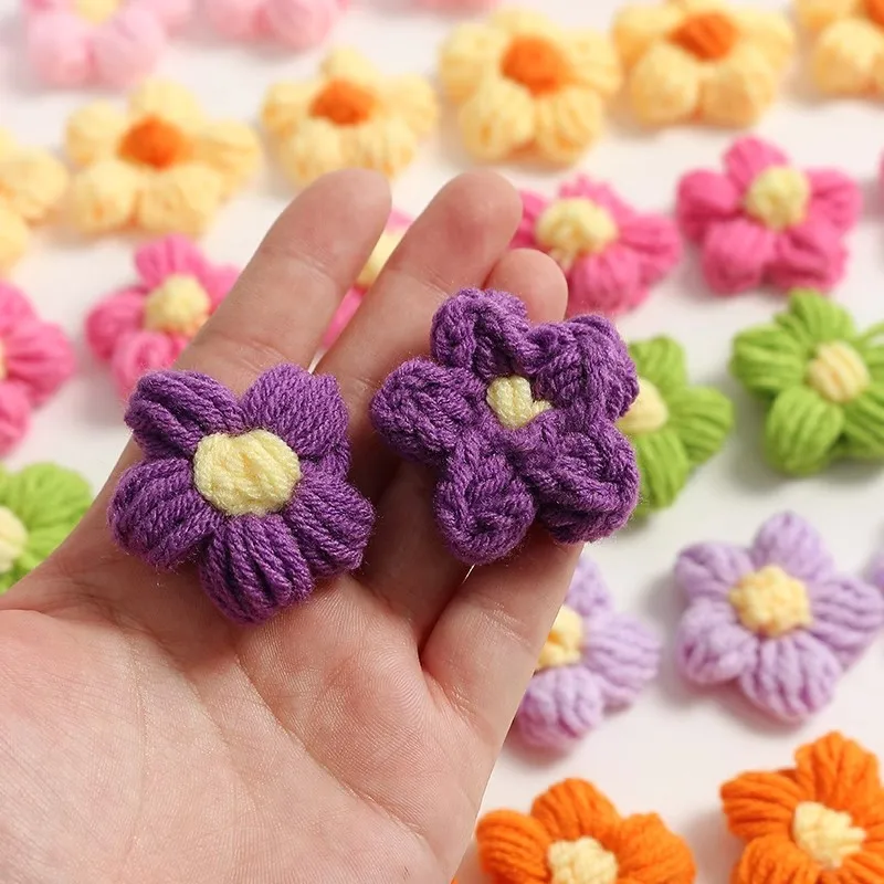 12pcs Handmade Knitted Wool Flower DIY Accessories Girls Cute Puff Color Flower Bag Clothes Hairpin Jewelry Decor Craft Supplies