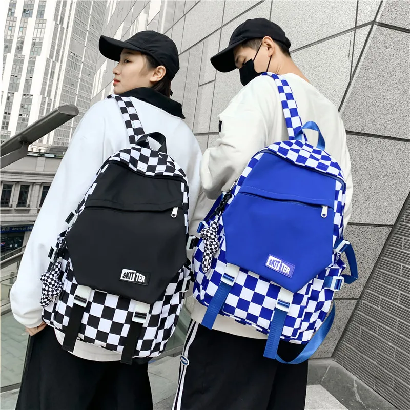 Fashion Korean Oxford Cloth Backpack Unisex Student Street Trend Checkerboard Schoolbag Men Casual Waterproof Travel Backpack