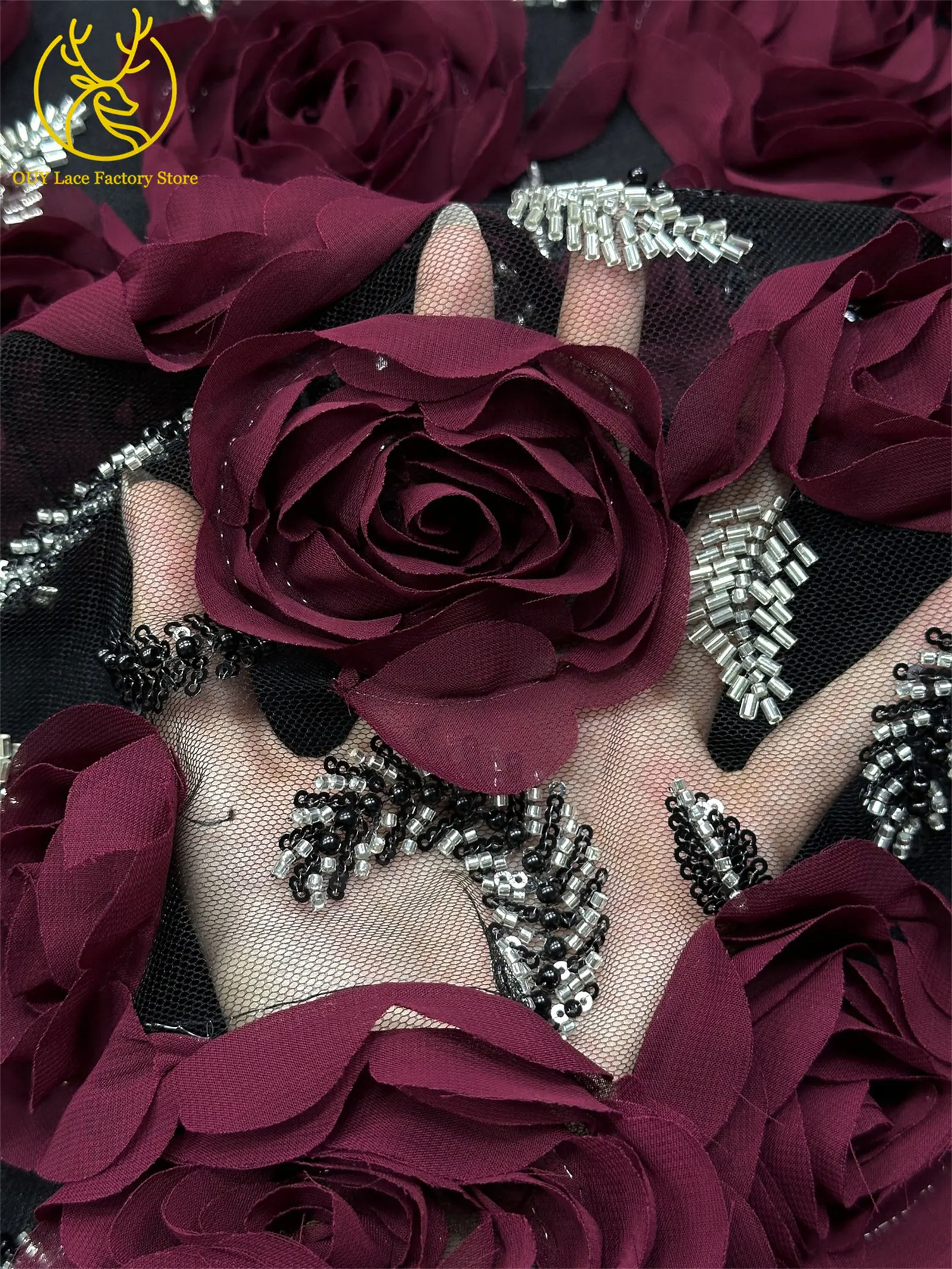3D-Rosen-High-End Nigerianischer Tüll-Spitzenstoff 2026 – Hochwertiger afrikanischer Pailletten- und Perlen-Spitzenstoff für Brautkleider und Hochzeitskleider zum Nähen – Detail 8