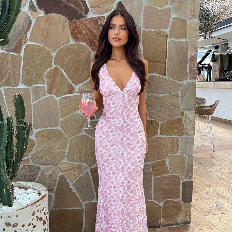 Robe de plage à imprimé floral pour femmes, robe maxi à col en V profond, robe d'été sexy, robe de soirée élégante, coupe couvertes, été, 2024