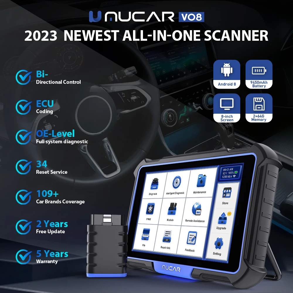 NEW MUCAR VO8 Professional OBD2 Scan Tool OEM Full Systems Diagnosis ECU Coding Bi-directional Control 34 Reset Services Global