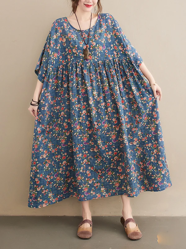 플러스 사이즈 여름 빈티지 프린트 드레스 루즈핏 배 가리는 롱 커뮤트 아트 스타일 레귤러 소재 캐주얼 드레스