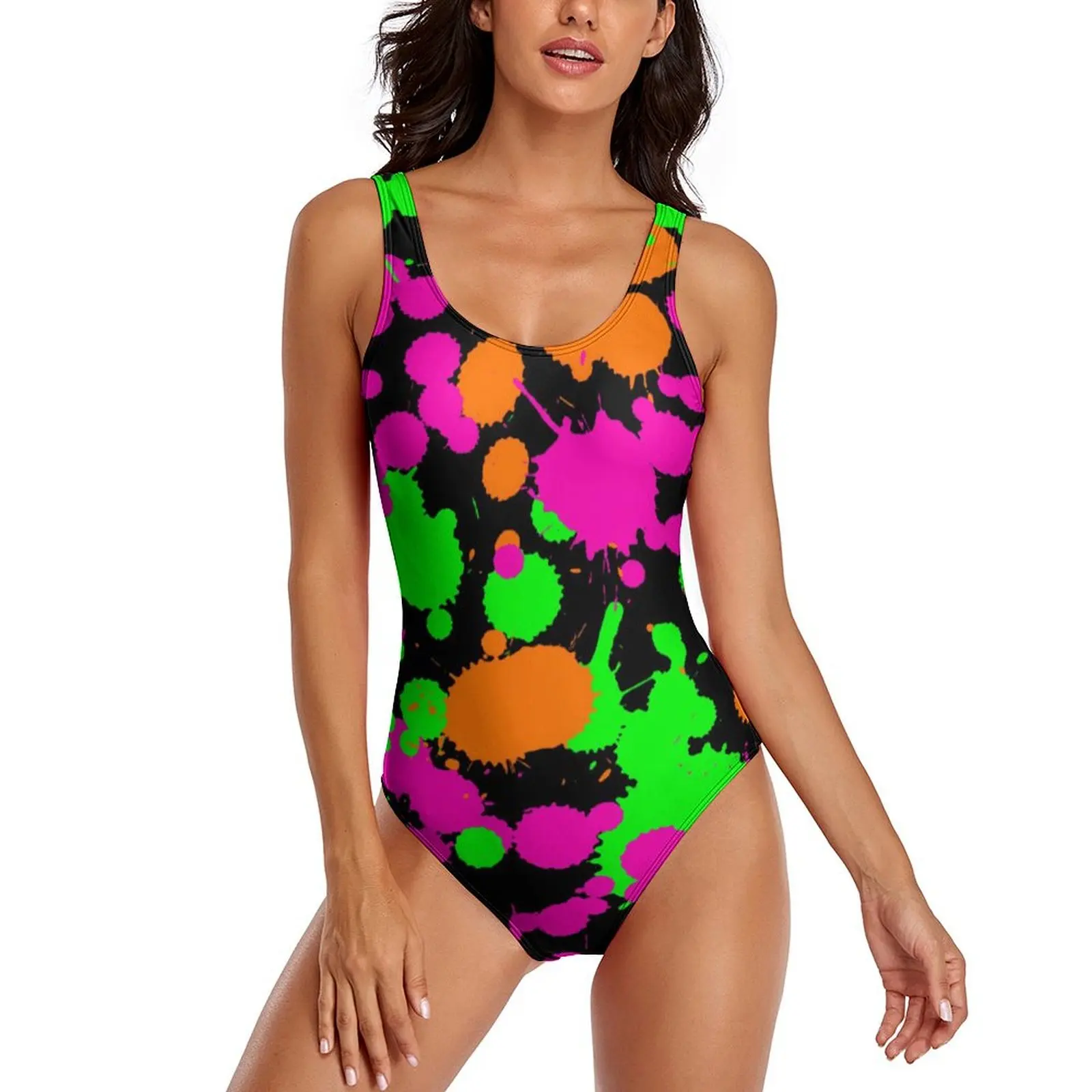 

Купальник неоновой краски, сексуальный цельный купальник с принтом граффити, боди с эффектом пуш-ап, элегантный праздничный пляжный костюм Rave