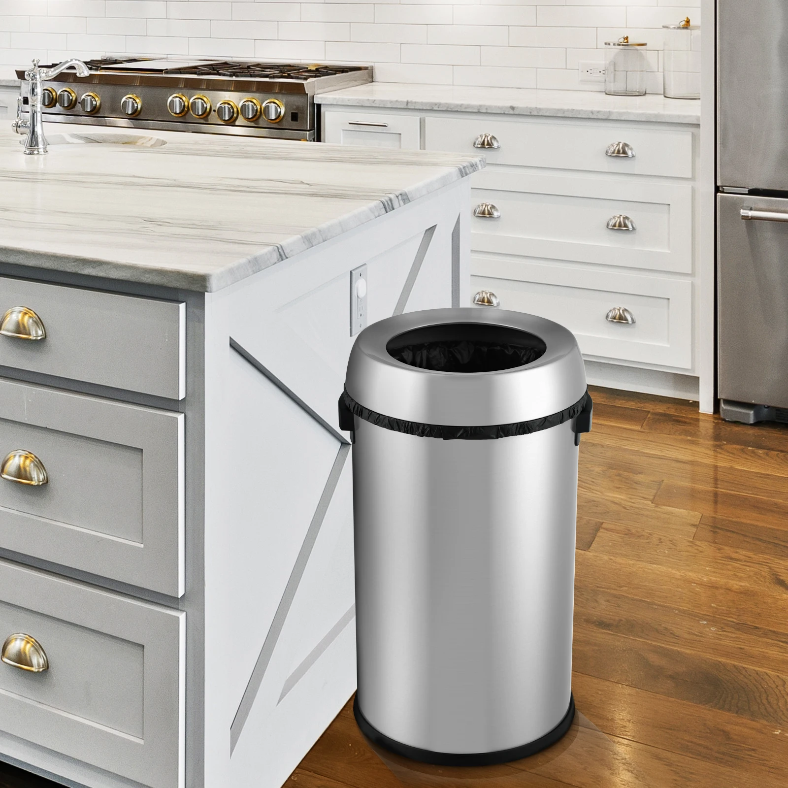 Open Top Trash Can 65L / 17Gal Commercial Grade Heavy Duty Brushed Stainless Steel for Outdoor | Kitchen Waste Bins Home House