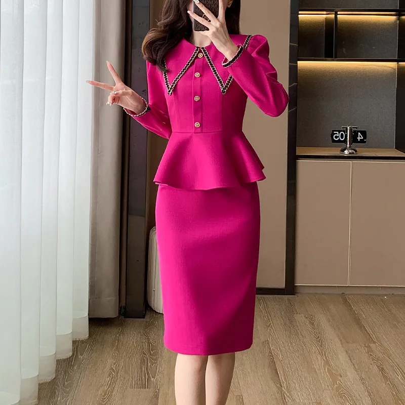 Peter Pan Collar Single-breasted Blazer Skirt Suit SpringAutumn Office Formal Women's Business Elegant Sets Skirt костюм