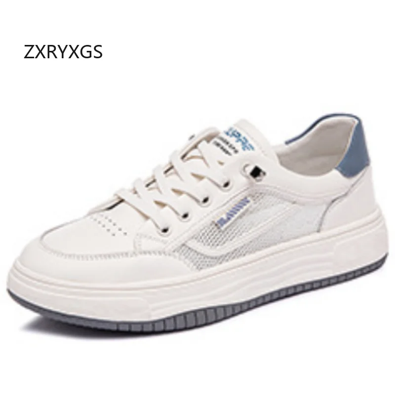 ZXRYXGS 2026 New Trendy White Spell Colors Women Sneakers Real Leather Mesh Breathable Shoes Cool Sneakers Fashion Casual Flats