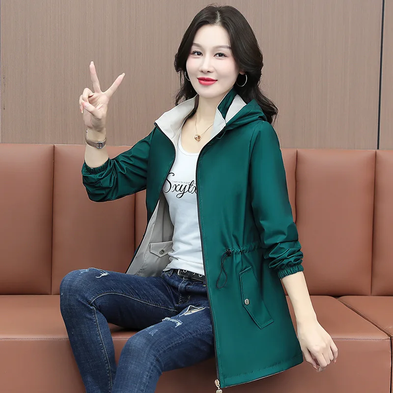 Primavera Autunno Donna Trench double face 2026 Nuovo cappotto coreano con cappuccio medio lungo Giacca a vento femminile Tuta sportiva Gabardina Mujer