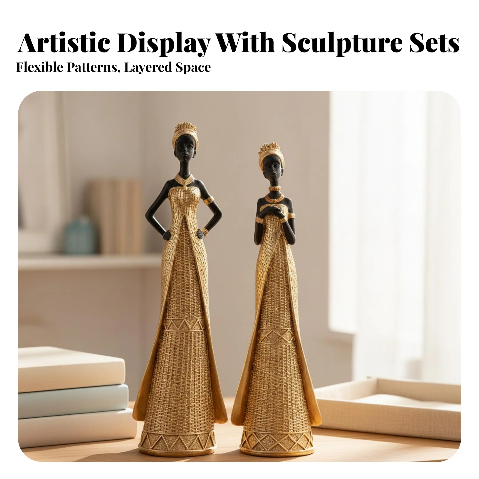 2 Pieces Sculpted Details Black and Gold Resin Statue Textured Black Resin Figurines Gold Decorative Figurines for Entryway