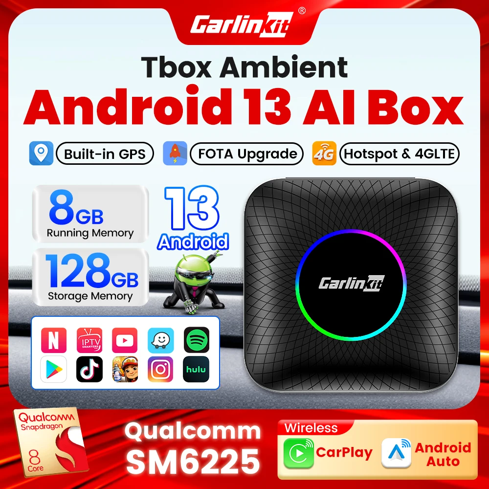 Android 13 LED CarlinKit Android Ai Box Wireless CarPlay Android Auto Qualcomm SM6225/SDM660 GPS per Netflix/YouTube/SD/SIM Card