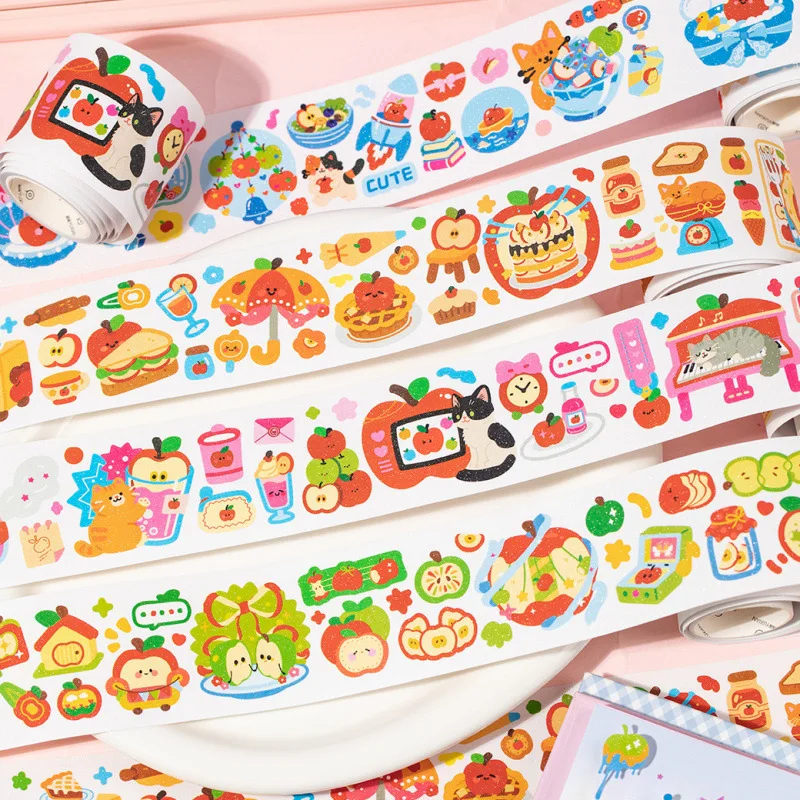 1-Roll 5x200cm Cute Apple & Animal Tape Stickers, Adorable Fruit-Animal Patterns, for Journal Decoration & DIY Crafts