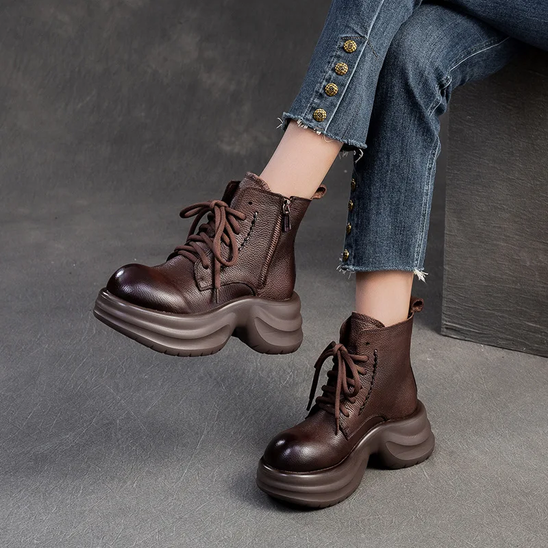 

Ботильоны, сапоги из воловьей кожи с головным убором, утягивающие ботинки из натуральной кожи, женские высокие кеды с круглым носком, высокий каблук