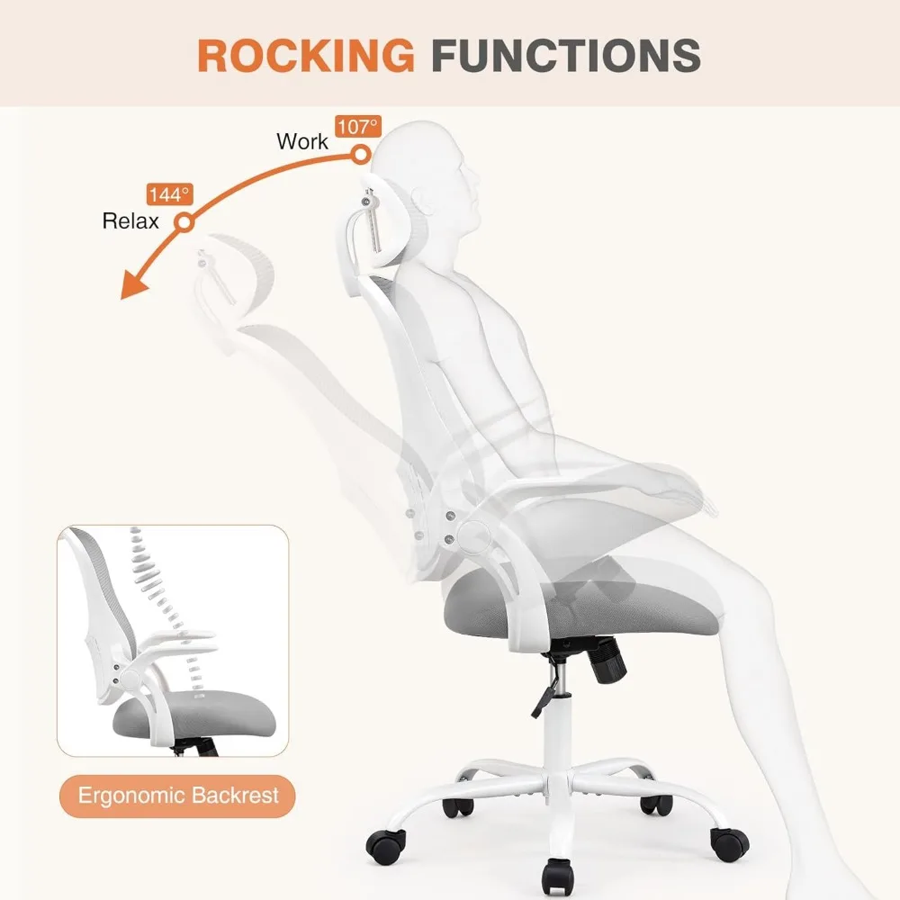 オフィスコンピュータデスクチェア、人間工学に基づいたハイバックメッシュローリングワークチェア、ホイールと調節可能なヘッドレスト付き、グレー