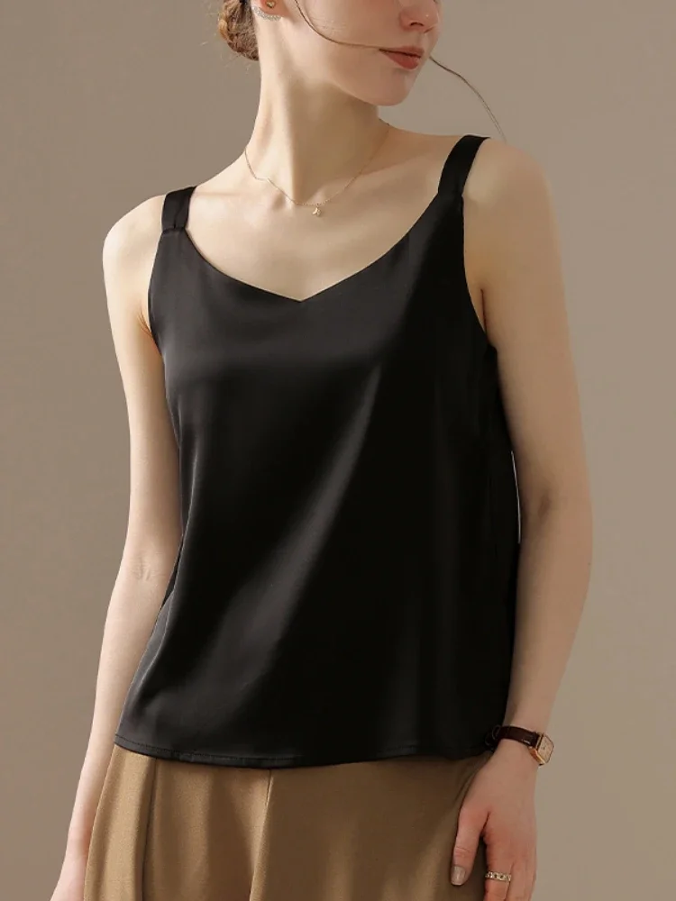 Silk Acetate Black Tank Top Wide Shoulder Straps Fashion V-neck Shirts Elegant Satin Halter Top Summer 2024 New Tanks & Camis