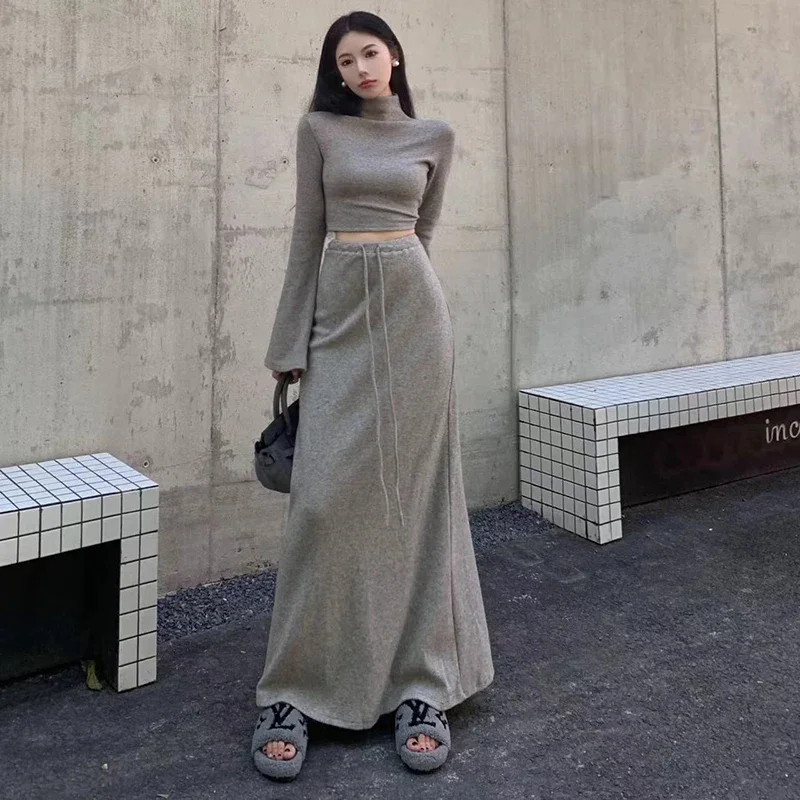 Women Elegant Half Turtle Neck 2 Piece Skirts Y2K Autumn Korean Streetwear Crop Tops Female Loose Long Sleeve Party Skirts Sets