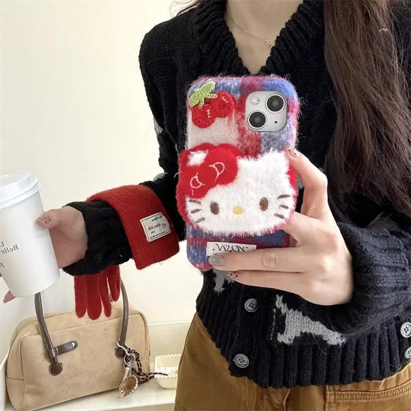 Hello Kitty Iphone 16Promax Case Kawaii Anime Sanrio Cute Girl Cartoon Phone Holder Anti Drop Apple Phone Fun Protective Case