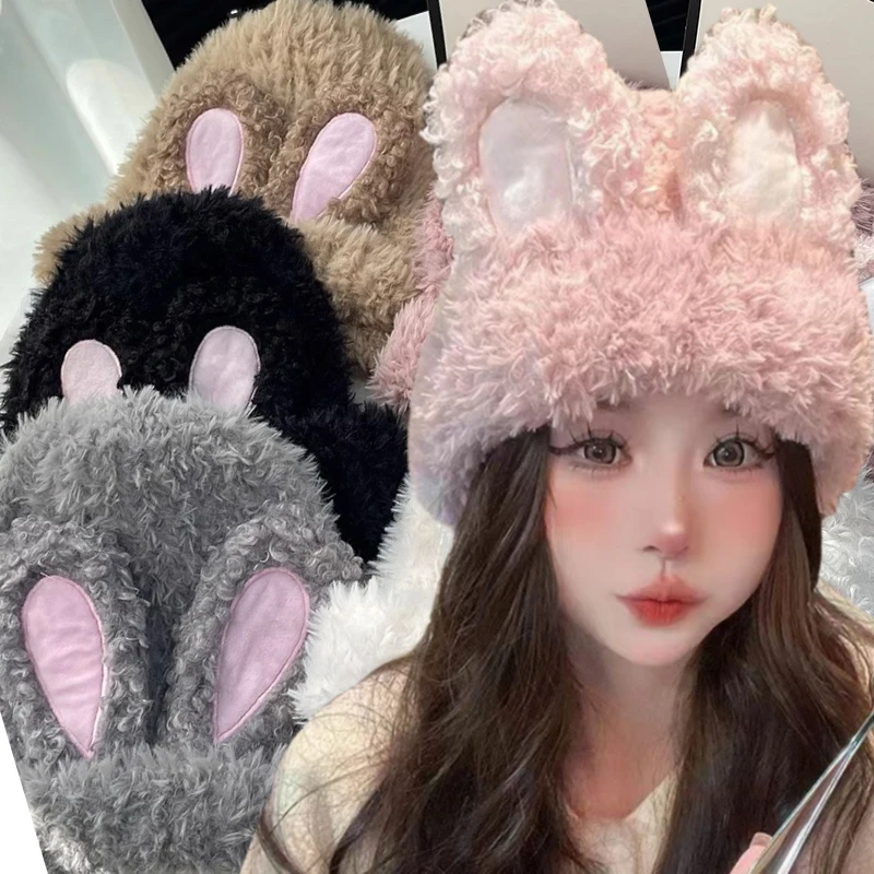 Y2k Rabbit Ears Plush Hats Cute Girls Winter Beanie Pullover Cap Women Lolita Thickened Warm Funny Party Photography Fleece Hats