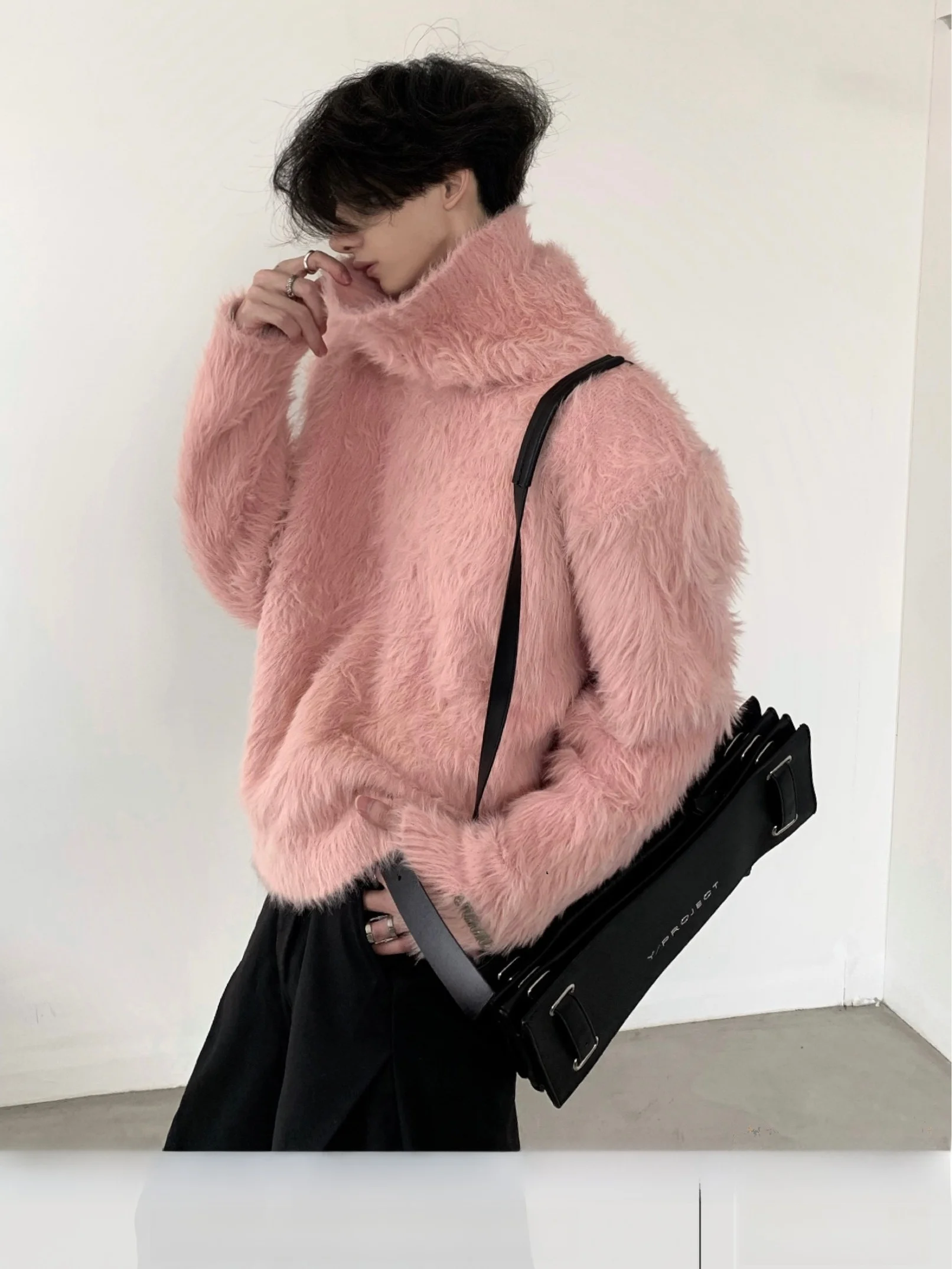 Autumn Mountain Wind Original Soft Plush High Collar Men's Sweater Pink Winter Knitted Shirt Casual Loose Fit Warmth