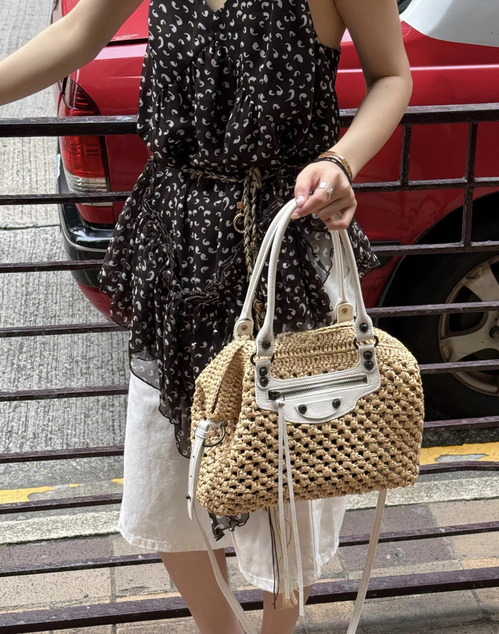 

Handwoven Motorcycle Bag Tote Bag Women's Large Capacity Commuting Hollow Grass Weaving Bag Shopping Bag Summer New Arrival