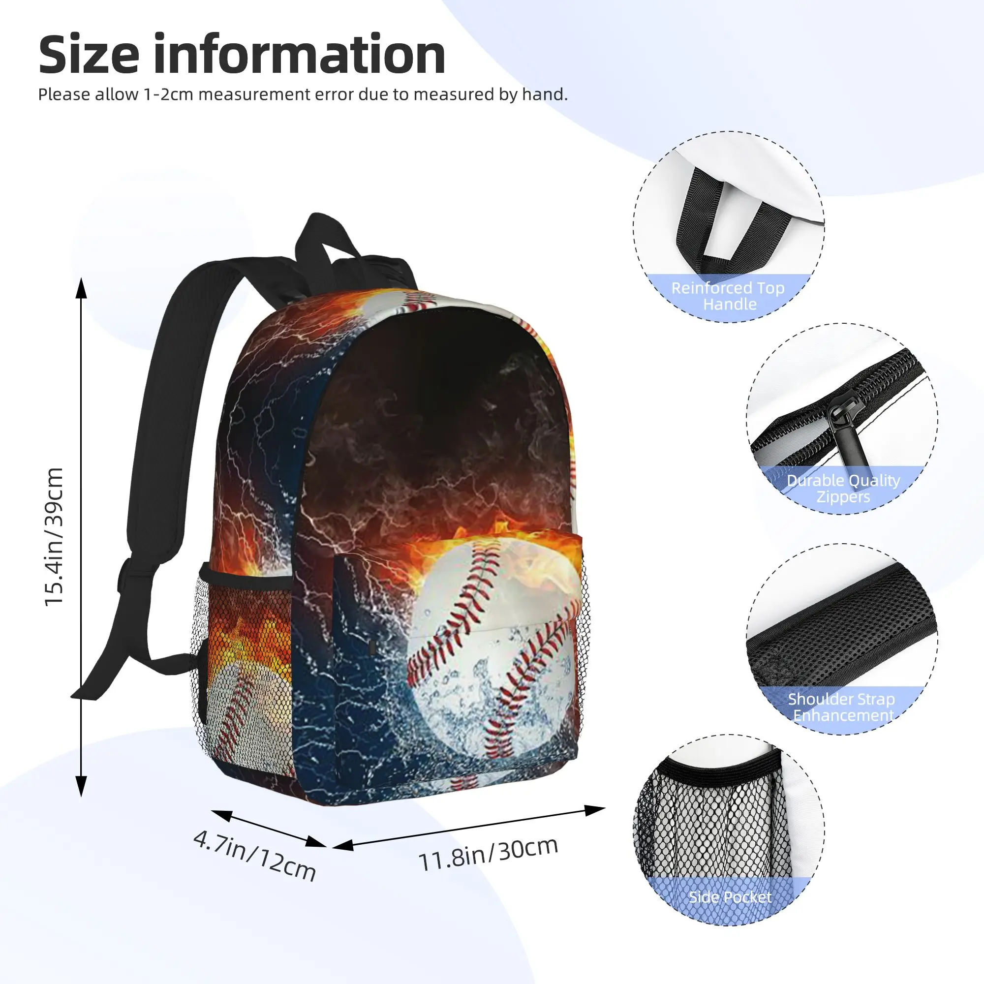 Baseball In The Fire And Water Backpack Hot Sale Daypack Large Capacity Boys Girls BookBag Shoulder Bag for Men Women School Bag