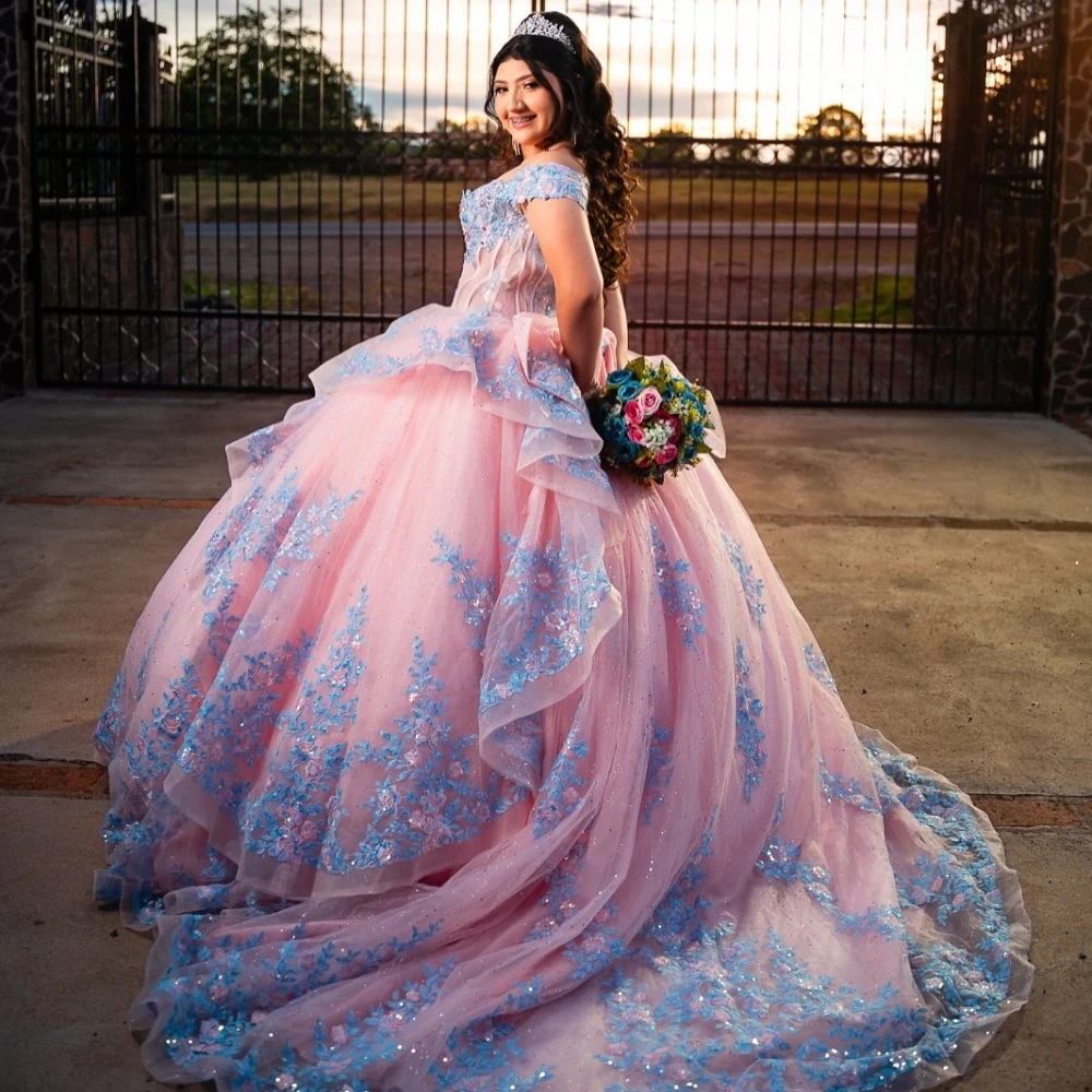 

EVLAST Customized Princess Pink Quinceanera Dress Ball Gown Blue Lace Applique Beading Bow Sweet 16 Vestidos De 15 Anos E1QN456