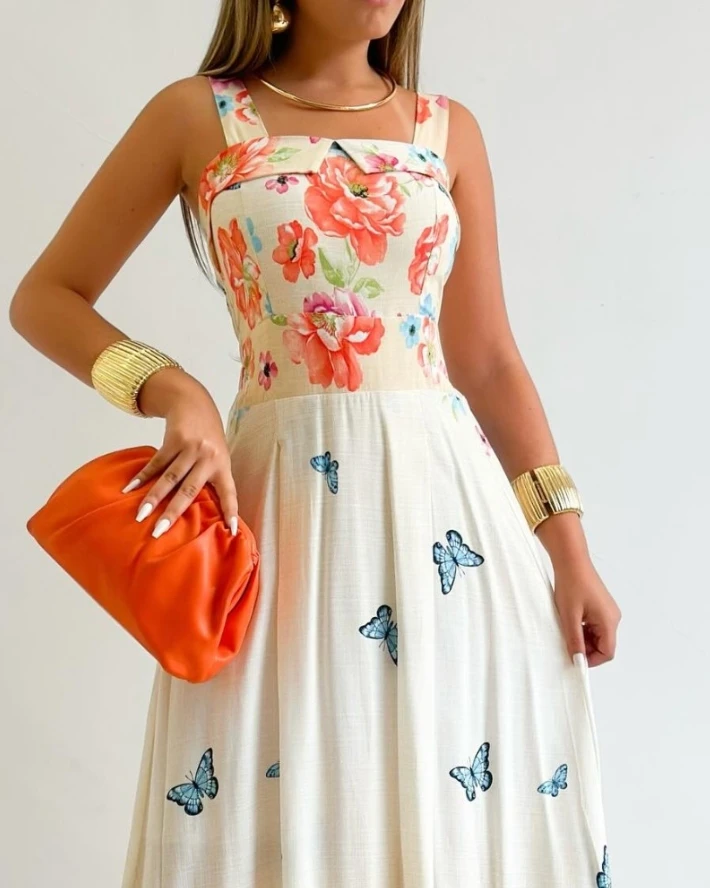 2025年夏新作 花柄プリント スパゲッティストラップ スクエアネック シャーリング マキシ丈ワンピース カジュアル ゆったり Aライン バケーションワンピース