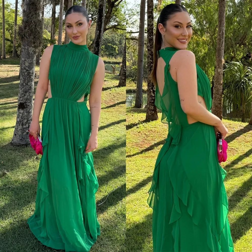 

Customized Graceful Green Chiffon Evening Dress Delicate Halter Sleeveless Celebrity Gowns Fashion Sweep Train Party Gowns