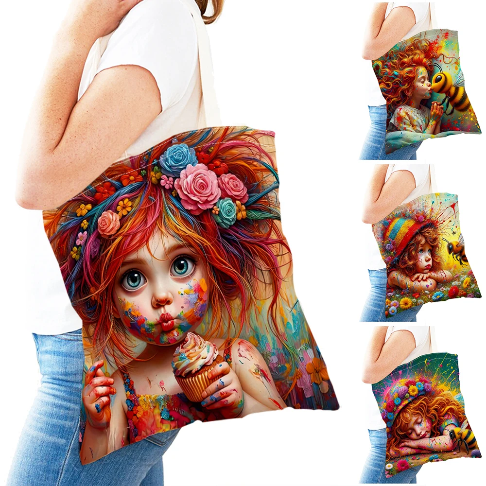 

Casual Watercolour Girl and Bee Women Shopping Bags Double Print Wonderland Lady Shopper Bag Children Gift Canvas Tote Handbags