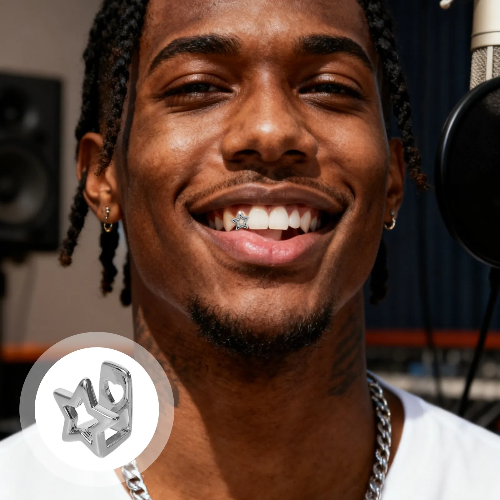 2Pcs Star Tooth Grill Silver Metal Single Teeth Cap for Hip Hop Cosplay Party Jewelry Accessory Mouth Grills