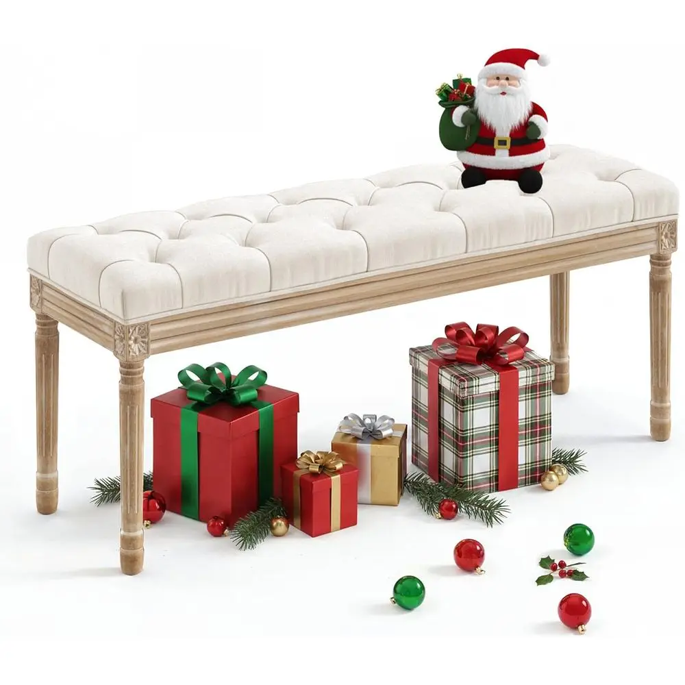 

Upholstered French-Styled Ottoman Bench with Carved Wood Legs for Bedroom or Living Room, Beige, 44