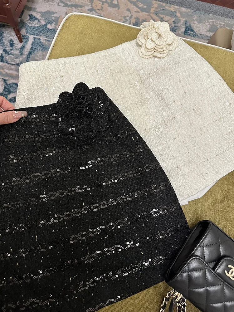 

Roselyn Lace Sequin Detachable Flower Brooch A-Line Skirt Women's Waist-Cinching Hip-Hing Versatile ort Skirt