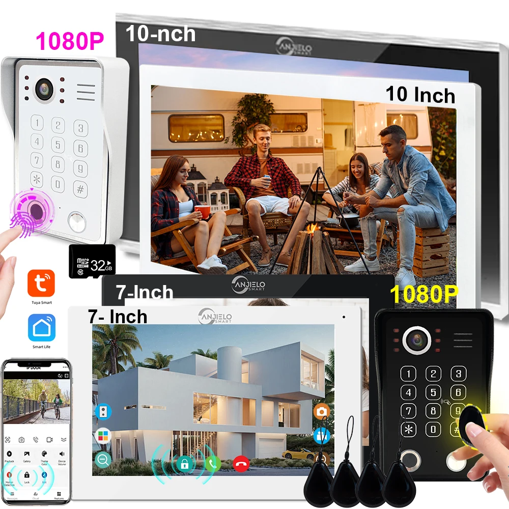 Tuya Wifi 7/10 Inch Video Intercom for Home 1080P Video Doorbell 5in1 Unlock Card Fingerprint Password Apartment Security Kit