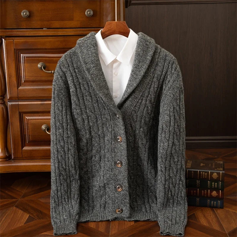 Cardigan bicolore a doppio filo ispessito in maglia a trecce da uomo autunno/inverno 100% cashmere Swe