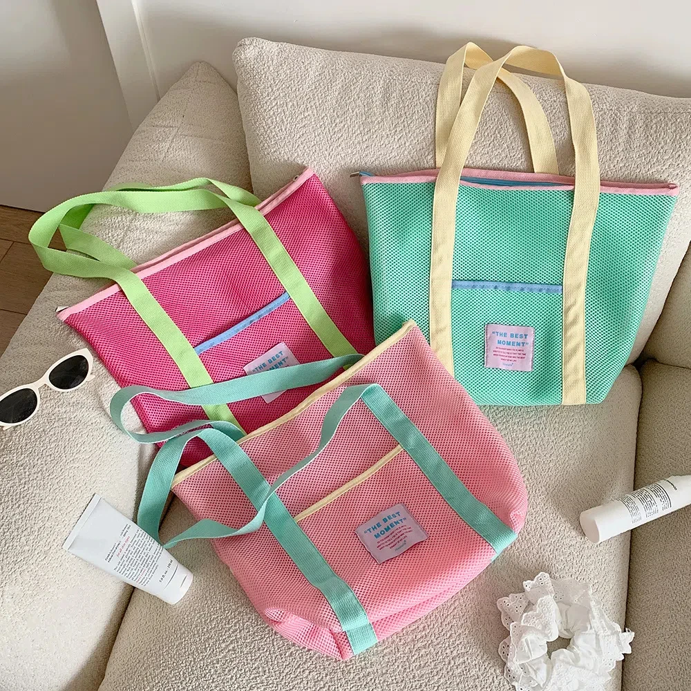 

Colored Mesh Tote Bag Shoulder Bag Student Tutoring Package Mesh Shopping Bag Lightweight Large Capacity Mesh Handbag Summer