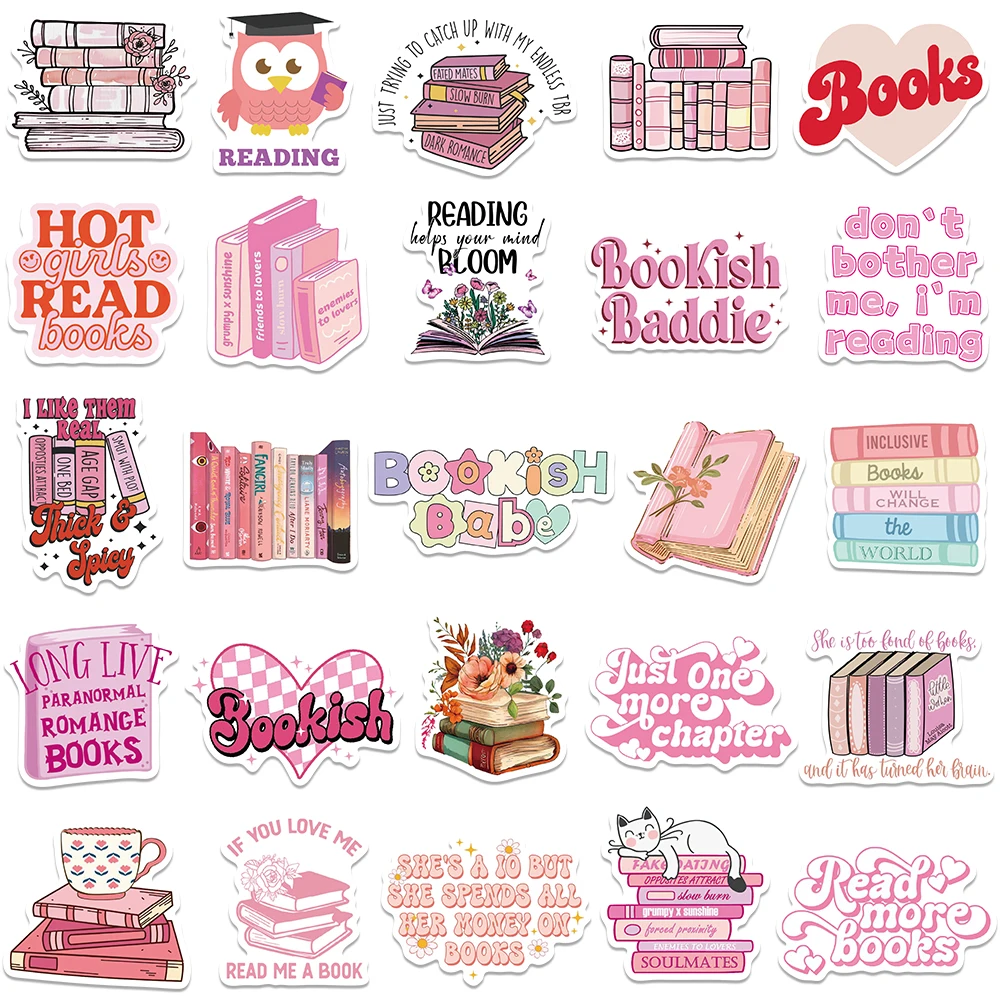 50pcs Cartoon Pink Bookish Stickers Aesthetic Reading Book Stickers Laptop Water Bottle Luggage Phone Waterproof Vinyl Decals