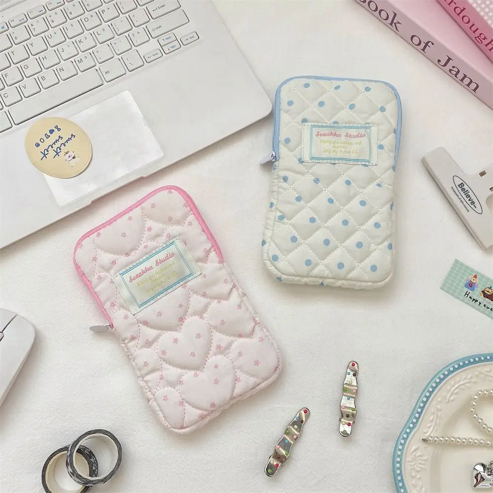Cute Heart Polka Dot Quilted Zipper Pouch Small Soft Earphone Carrying Case Portable Coin Purse Small Accessories Organizer