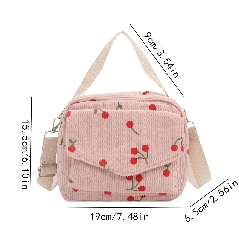 Cute Cherry Print Crossbody Bag, Versatile Corduroy Small Square Bag for Outings, Portable Handbag, Shoulder Bag, Christmas Holiday Gift for Wife or Girlfriend, Storage Bag image 3