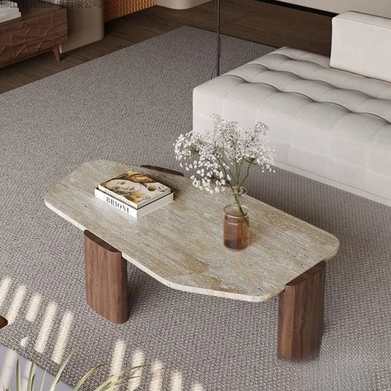 wabi-sandy travertine special-shaped coffee table, simple walnut curved bracket in the living room, small tea table