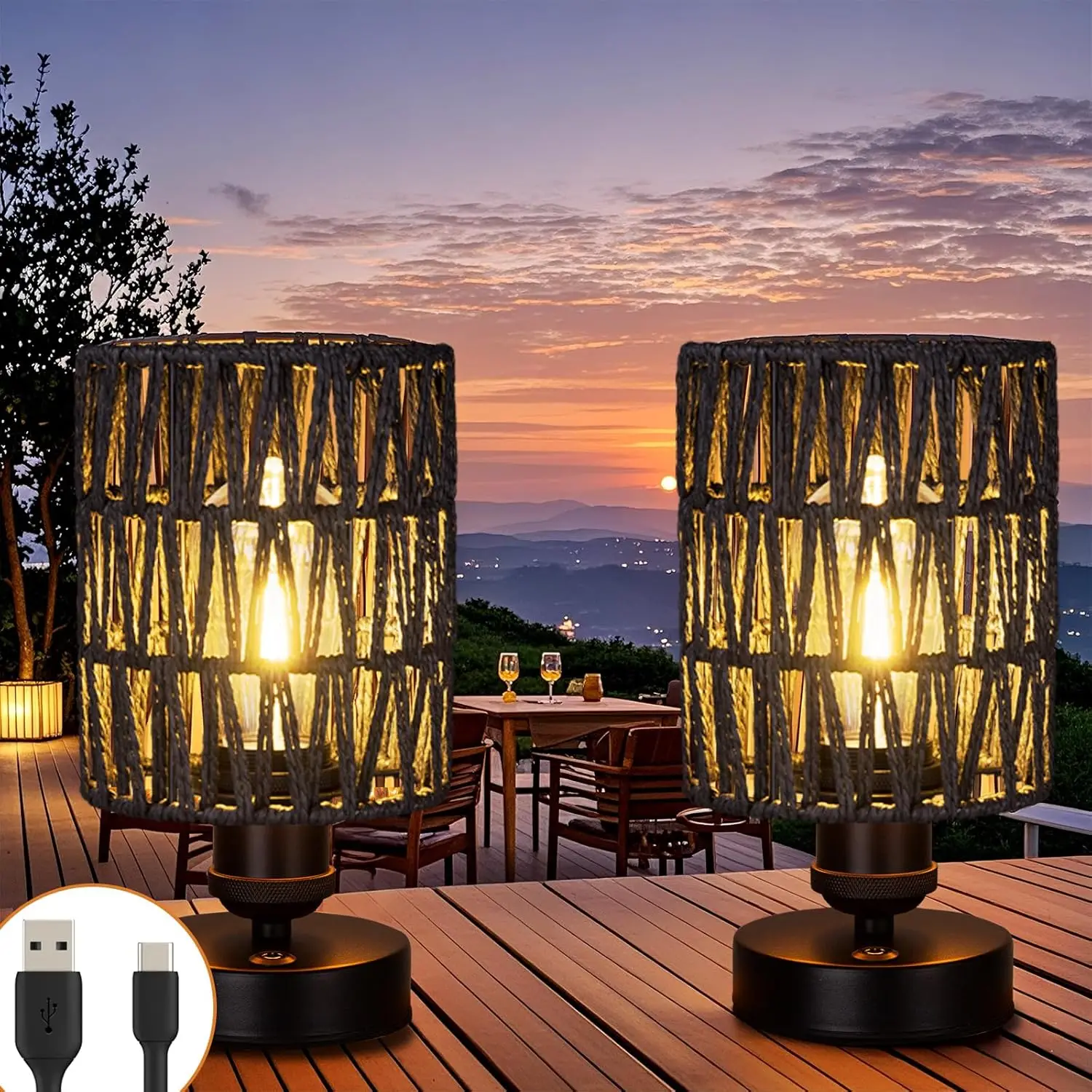 

Cordless Outdoor Table Lamps, Rechargeable Rattan Boho Dimmable Set of 2 (Black)