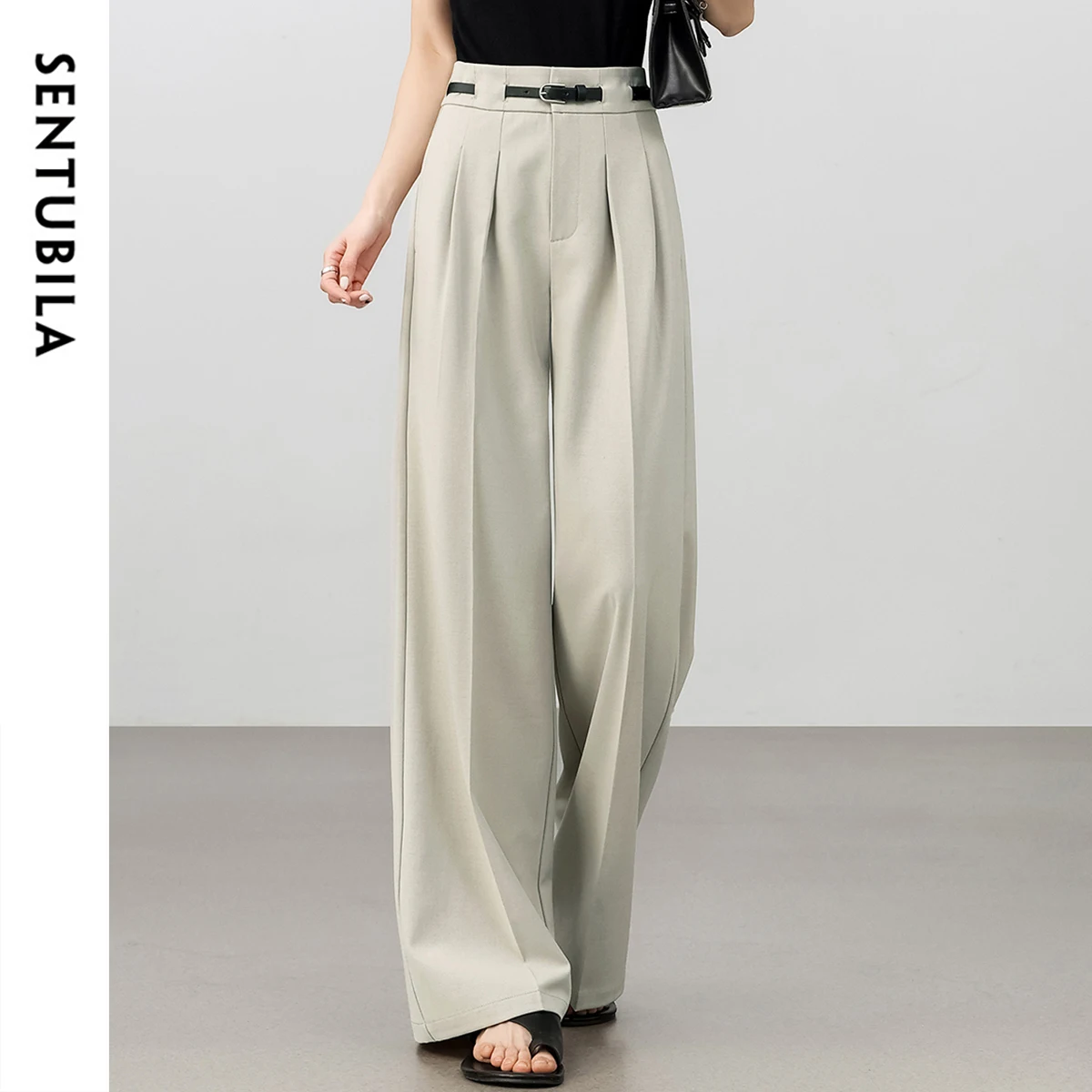 SENTUBILA Straight Pants Woman 2025 Spring Full-length High-waist Solid Folds Office Workwear Trousers with Belt 151K59377