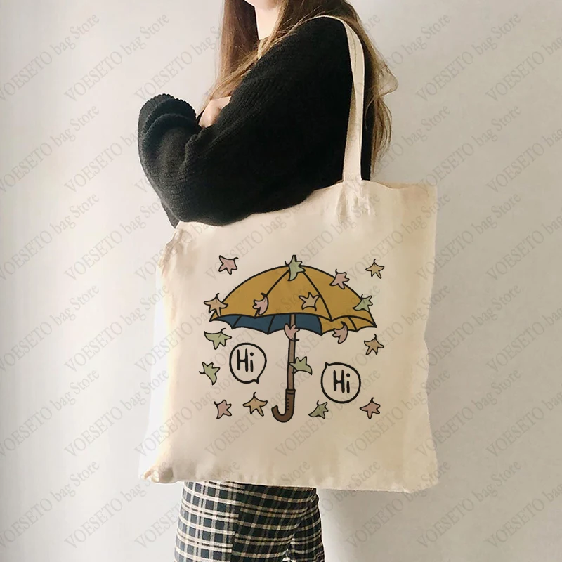 Cute Umbrella Pattern Canvas Tote Bag Maple Leaf Graphics Xmas Best Gift Women's Reusable Shopping Bags Trendy Large Beach Bag